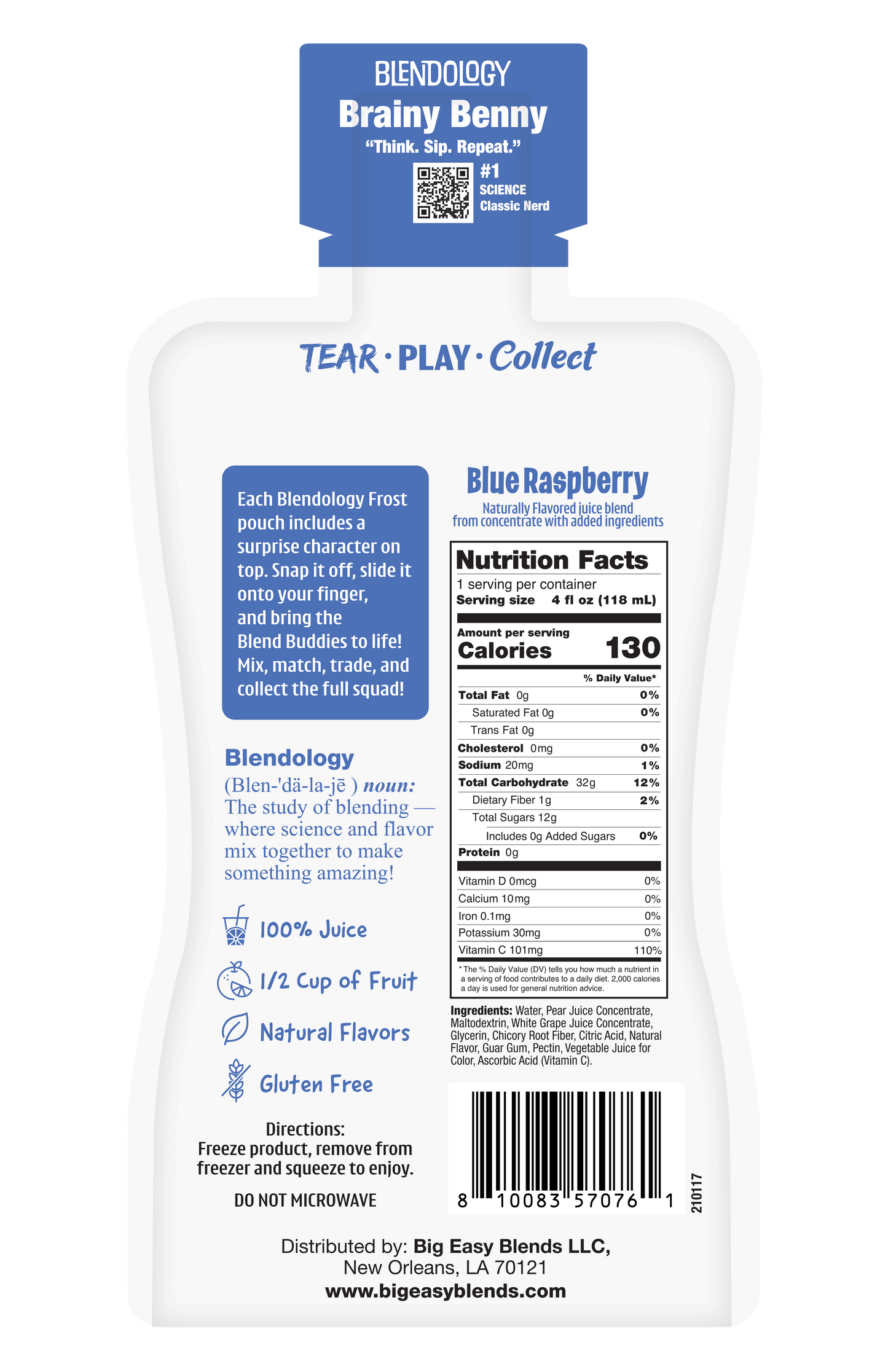 Blendology Frost Blue Raspberry 100% Juice Pouches 4 fl oz - 20 Count